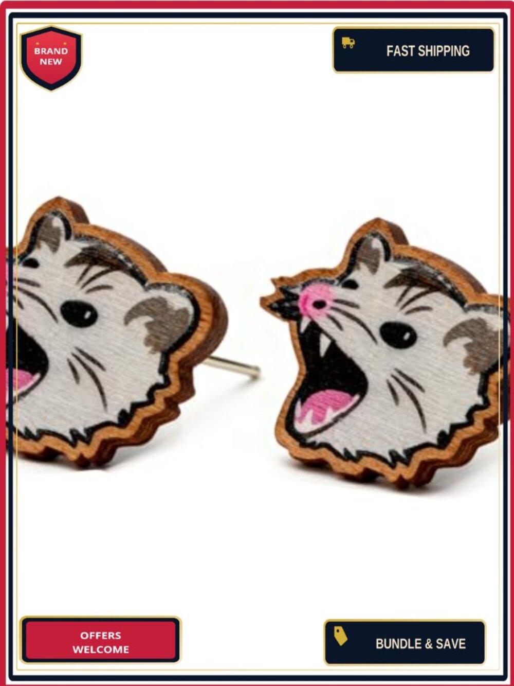 Wooden Possum Stud Earrings Hypoallergenic Stainless Steel Posts Handmade